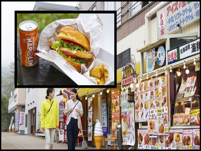 温泉街でご当地の支笏湖バーガーもぜひ！支笏湖産のヒメマスのフライバーガーです☆