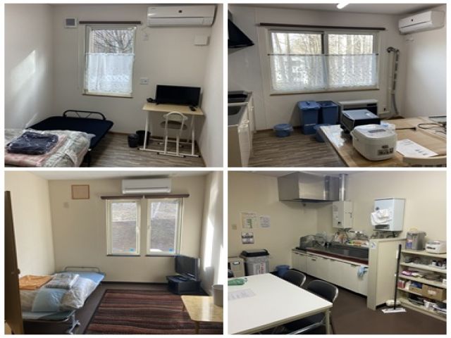 左上：女性寮個室　右上：女性寮キッチン周り
左下：男性寮個室　右下：男性寮キッチン周り