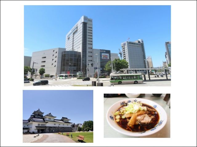駅前のビル、富山城、ご当地ラーメンもご賞味下さい