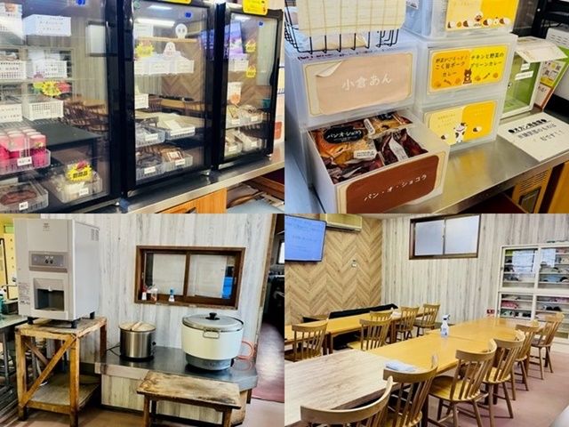 食堂の写真です。おかずやパンが用意されていますよ。