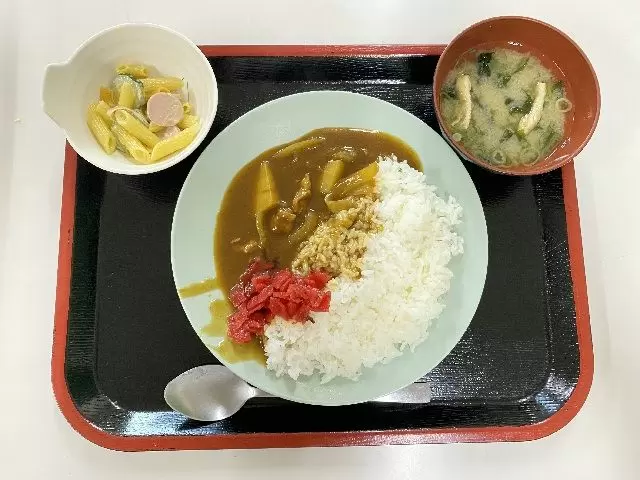 お昼のお食事は食堂で1食300円で召し上がれます。写真のカレーや定食などありますよ♪