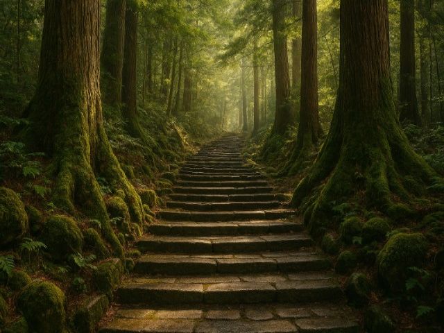 熊野古道までバスで10分。神秘的な景色が見られます。