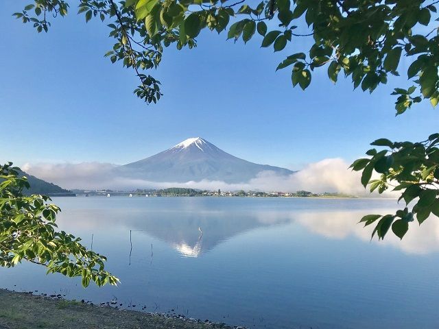 河口湖に臨む富士山は絶景!!
この景色を見に来られるお客様もたくさんいます！