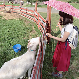 とあるふれあい牧場のヤギさんと彼女。可愛い組み合わせだね♪